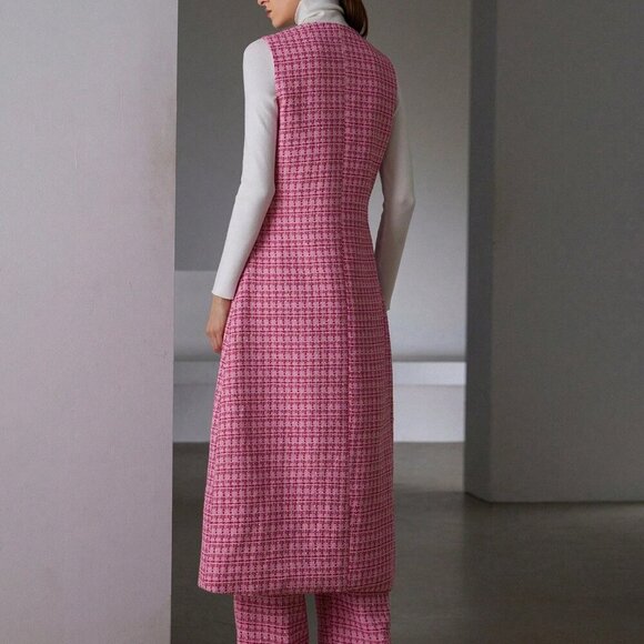 Pink Elegant Women's Tweed Long Sleeveless Cinched Waist Jacket & Pants Set - Picture 2 of 6